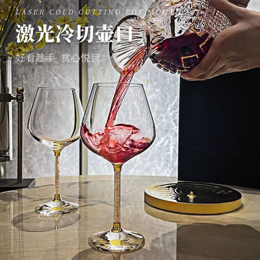 HKML high-end Burgundy red wine glass set rotating decanter home diamond wine glass gift set cup holder white diamond cup holder + 6 550ml white diamond wine glasses + silver decanter