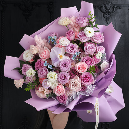Airi Flowers intra-city express delivery giant bouquets of roses, birthday flowers, date flowers for girlfriends, gifts for besties, 33 purple roses, pink snow mountain powder, platycodon mixed bouquets