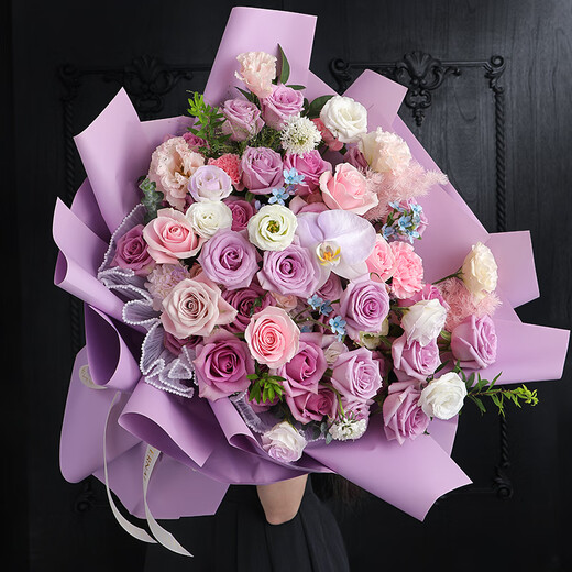 Airi Flowers intra-city express delivery giant bouquets of roses, birthday flowers, date flowers for girlfriends, gifts for besties, 33 purple roses, pink snow mountain powder, platycodon mixed bouquets