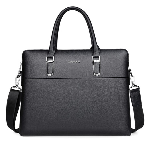 Gerbison business briefcase, men's genuine leather shoulder crossbody bag, first-layer cowhide, 14-inch notebook, large-capacity computer bag, commuter cross-section portable soft leather bag that can hold A4 files, black (first-layer cowhide)