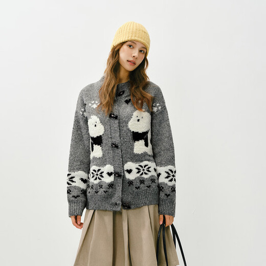 Semir knitted cardigan women winter half turtleneck puppy jacquard horn button sweater loose 2025 top 109725106003