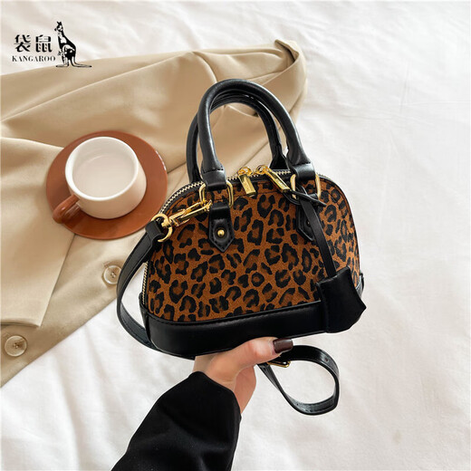 袋鼠牛皮女士手提包2025新款时尚贝壳包手提斜挎包女复古休闲通勤包包 黑色不带挂件