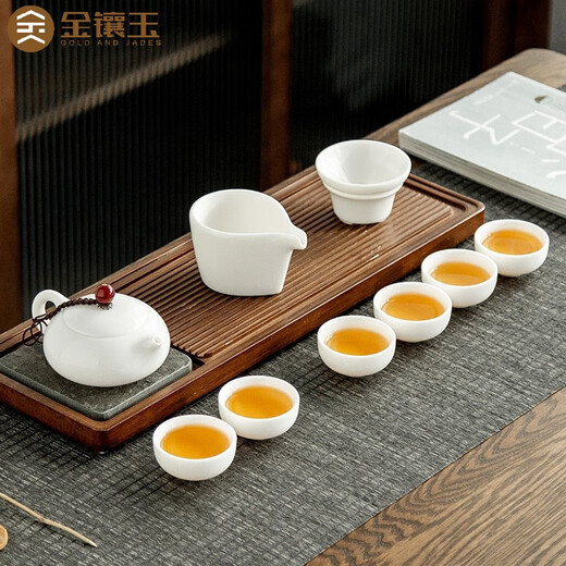 Gold inlaid jade Kung Fu tea set, mutton fat jade porcelain teapot, white porcelain ceramic tea cup, tea making set, gift box, Hibiscus Xishi tea set