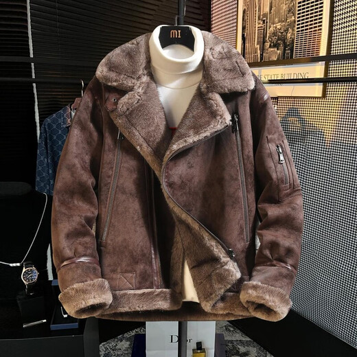 Light luxury retro leather jacket Angora red winter velvet thickened jacket large size motorcycle jacket fur one-piece jacket for men Agra red S