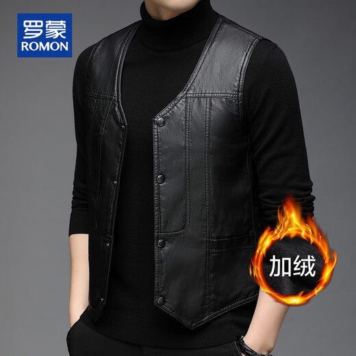 ROMON men's autumn and winter new sleeveless PU leather vest, fashionable and casual, velvet and thickened, trendy and can be worn outside, warm vest