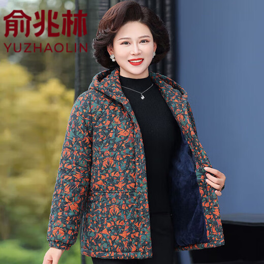 Yu Zhaolin (YUZHAOLIN) Yu Zhaolin mother's outfit cotton plus velvet cotton coat hooded middle-aged and elderly women's clothing autumn and winter loose grandma floral cotton blue 3XL recommended 145-160Jin Jin equals 0.5 kg