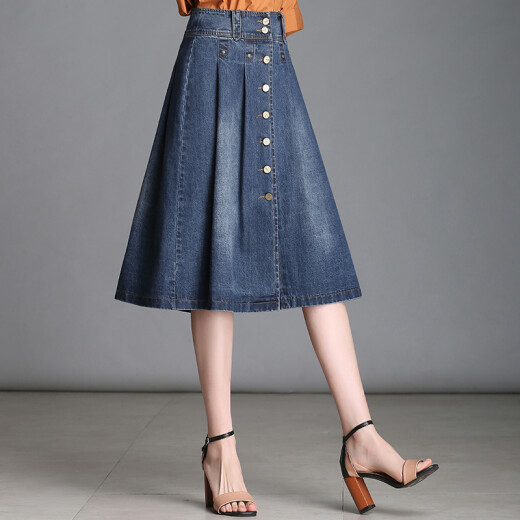 Oasi Mai Denim Skirt Women's Summer A-Line Skirt Pleated Skirt Spring Mid-Length One-step High Waist Single Breasted High Waist Cover Hip BMH-10250 Denim Blue 13 Size-2 Feet 2