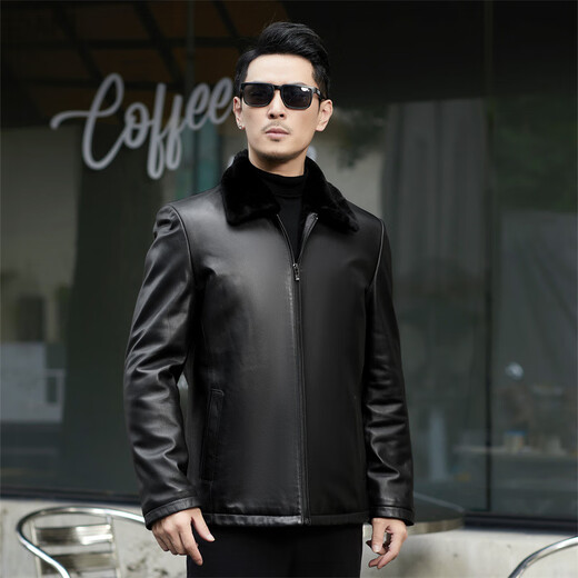 Haining fur all-in-one leather jacket for men, winter plus velvet, thickening and warmth, black M 170