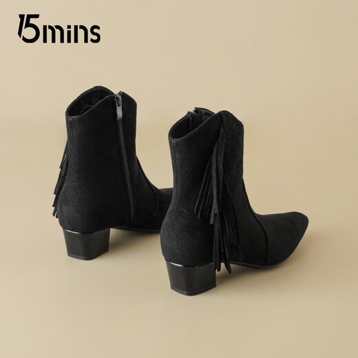 15MINS Fashion Boots Women's 2026 Autumn and Winter New Retro Versatile Thick Sole Increases Tightness and Slimming Legs Long Casual Chelsea Short Boots D2000BQ5 Black 38