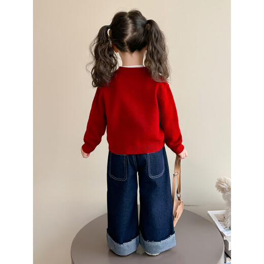 HAL.DUCK Year of the Horse New Year Children's New Year Clothes Cashmere Sweater Girls Knitted Cardigan Jacket Autumn and Winter 2025 New Style Red 130 cm