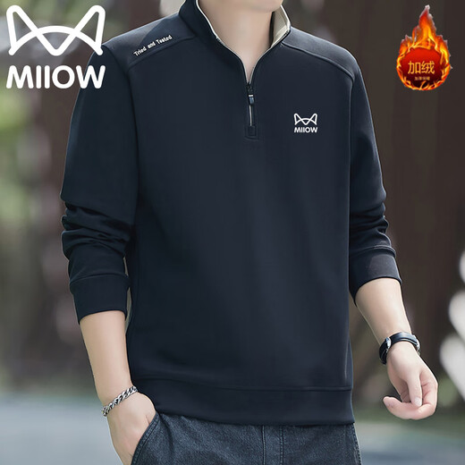 Catman Sweatshirt Men's Autumn and Winter Plus Velvet Warm Trendy Half Open Collar Large Size Casual Top Navy Blue 3XL