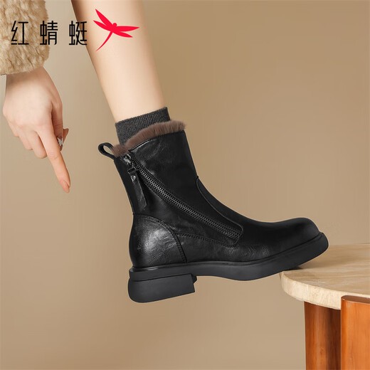 Red Dragonfly Short Boots for Women British Style Versatile Velvet Thickened Snow Boots Warm Winter 2025 New Black Velvet Heel Height 4.1cm 35 (225mm)
