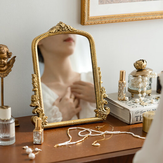 Antique desktop desktop cosmetic mirror French wall hanging decorative mirror carved mirror cosmetic mirror wooden desktop mirror antique gold