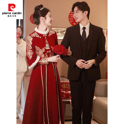 Pierre Cardin Cheongsam Toast Wear Bride 2025 New Red Engagement Wedding Dress Chinese Style Xiuhe Wedding Dress Long Sleeve Winter Burgundy 2XL