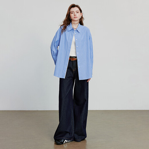 Chuyu striped splicing lace mid-length loose shirt for women 2025 autumn new casual cardigan blue and white stripes M