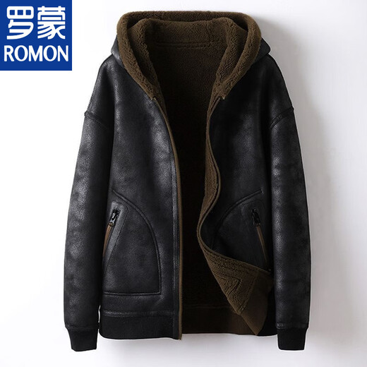 ROMON 2025 новая двусторонняя мотоциклетная куртка плюс бархатная утолщенная замшевая меховая куртка «все в одном», мужская меховая куртка коричневого + черного цвета с капюшоном 3XL 145-165Jin Jin равна 0,5 кг