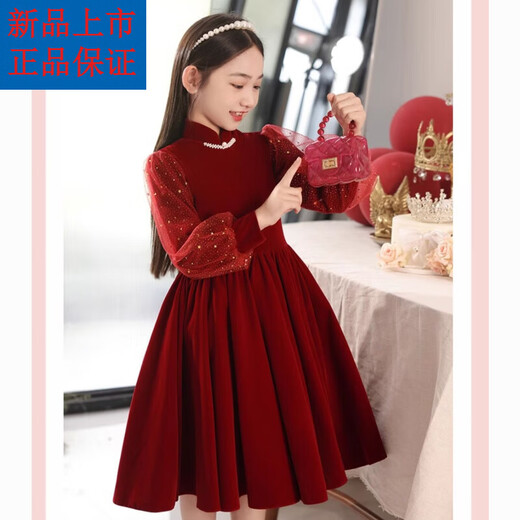 Disney (Disney) girls dress autumn and winter new red style flower girl children's skirt little girl performance costume princess dress winter red plus velvet lining 120