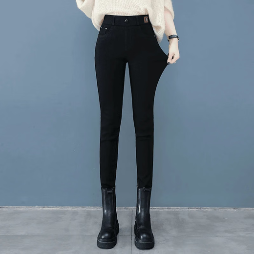 Selection of quality Autumn and winter thickened velvet slimming and warm women's pants with high waist and elastic feet, versatile and slimming black (thick velvet style) L (recommended 100-110 Jin Jin equals 0.5 kg)