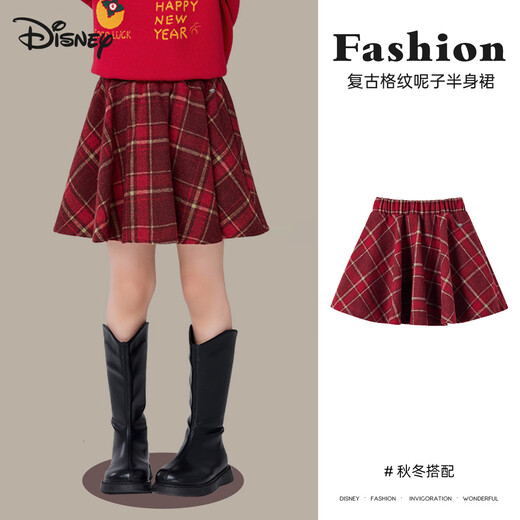 Disney Retro Tartan Girls Skirt 26th Autumn and Winter Christmas Style Umbrella Skirt New Year Red Versatile A-Line Skirt 120