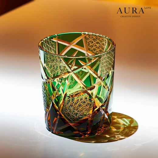 AURA LIFE Personalized Edo Kiriko Cup Twilight of the Gods Amber Lightning Hand-carved Crystal Whiskey Glass Lightning Amber Black Gift Box 260ml 1 piece