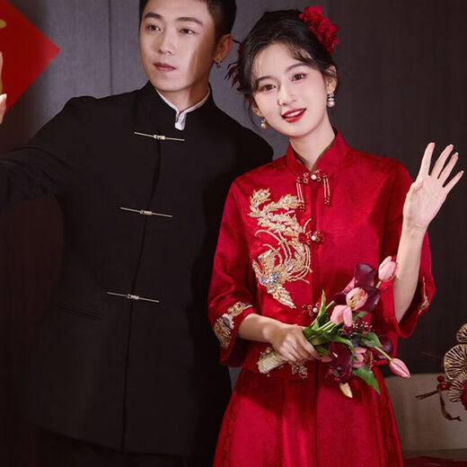 Xianqing Pregnant Women's Toast Wear for Women Bridal Wedding and Engagement Dress New Chinese Style Large Size Fat Girl Out of the Court Wedding Dress Burgundy Dress S