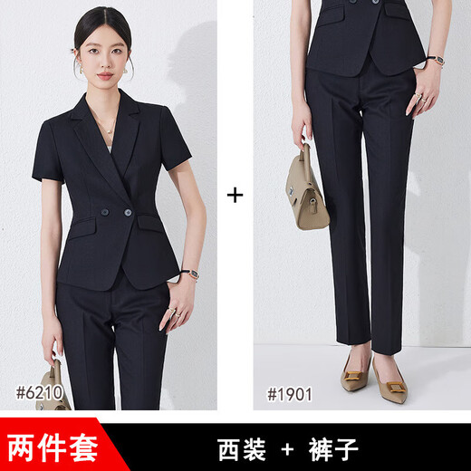 Summer business attire short-sleeved small suit collar jacket for women new hotel front desk work clothes formal waist work new style blue suit + pants (JY6210) S