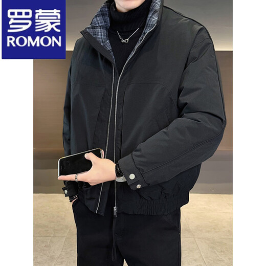 ROMON Workwear Stand Collar Down Jacket Men's Contrast Color Jacket 2025 Winter New Thickened Warm Short Men's Clothing Black M 90-115Jin Jin equals 0.5 kg