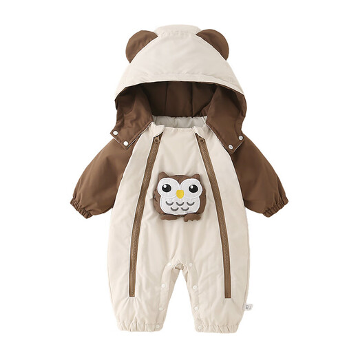 Disney (Disney) autumn and winter baby jumpsuit type A children's outdoor windproof and warm clothes baby hooded crawling clothes cotton-padded clothes khaki 36cm 66