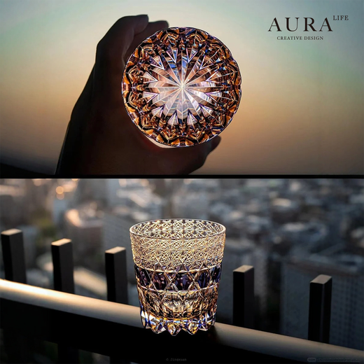 AURA LIFE purple fluorite Edo Kiriko hand-carved whiskey glass crystal glass foreign wine glass purple fluorite exquisite carving gift box 320ml 1 piece