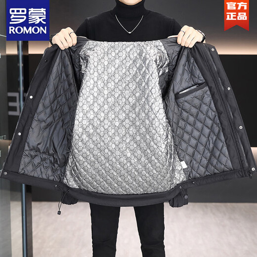 ROMON men's second-cotton jacket autumn and winter casual and versatile 2025 new youth hooded high-end thickened jacket high-end trend black L