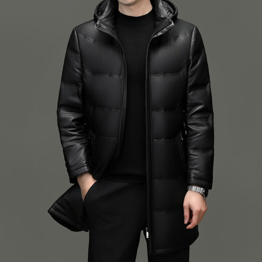 Fat Donglai Supermarket purchasing Haining leather jacket for men, first-layer sheepskin, hooded for young and middle-aged people, removable and thickened, same style, black (sheepskin + white duck down) L