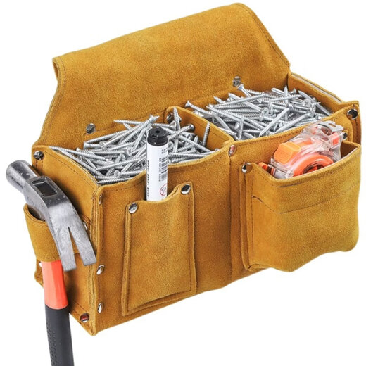 He Jiagong genuine leather pure cowhide nail bag for construction and woodworking, special wear-resistant belt-type nail bag, multi-functional waist pocket tool bag, yellow double-layer single pocket small + leather belt