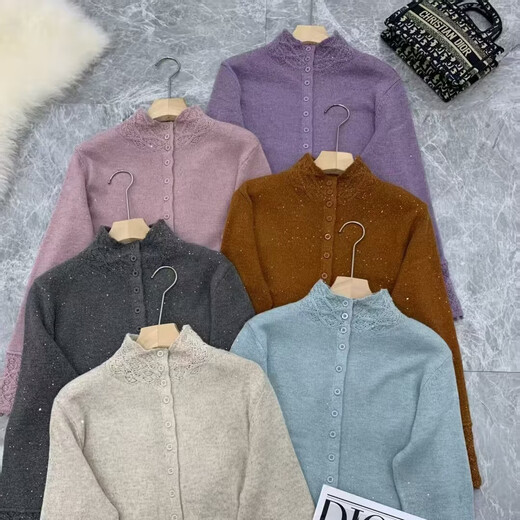 Exquisite and versatile, handmade crocheted cardigan with semi-high collar and sequins, Korean light and mature style, knitted top for autumn and winter, pink L. Recommended 120-145 Jin Jin equals 0.5 kg