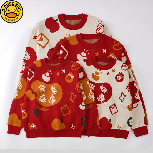 G.duck New Year's parent-child outfit 2026 new family of three red New Year's greetings clothes bombing the street mother-child outfit family portrait parent-child sweater hot sale wine red 110