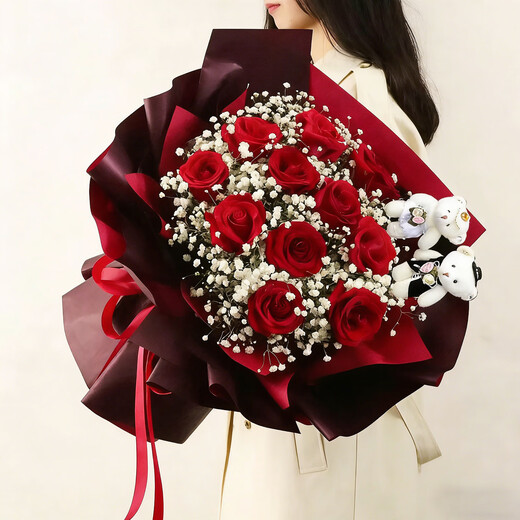 Dream Fairy Flower Express Rose Bouquet for Wife and Girlfriend, Birthday Gift Flowers Nationwide Delivered to the City on Anniversary, Lifetime 2 Bears + 11 Red Roses Flower Bouquet