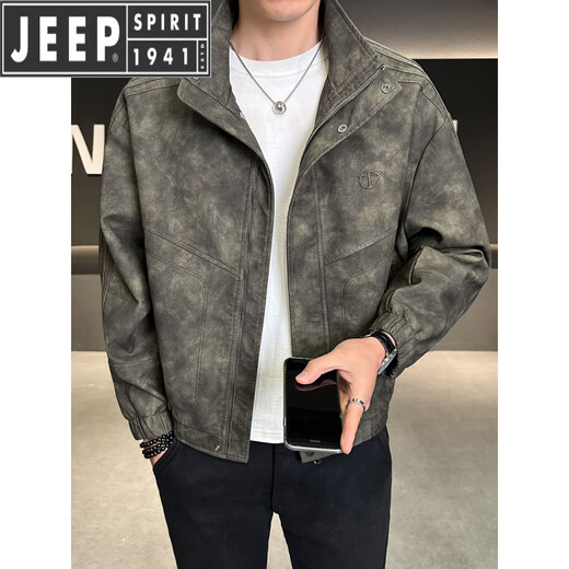 JEEP SPIRIT leather jacket men's autumn and winter autumn 2025 new fashion brand stand collar casual fashion handsome motorcycle leather jacket ruffian handsome men's clip coffee color M