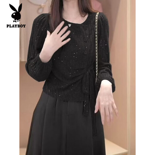 Playboy (PLAYBOY) slant collar autumn and winter lace-up French irregular warm long-sleeved shirt bow western style slim fashion top Dark Violet M Recommended 105 Jin Jin is equal to within 0.5 kg
