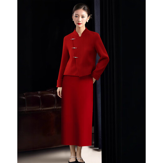 OIMG light luxury high-end winter Chinese style red woolen coat women's autumn engagement dress wedding dress toasting dress red jacket + skirt (set) L