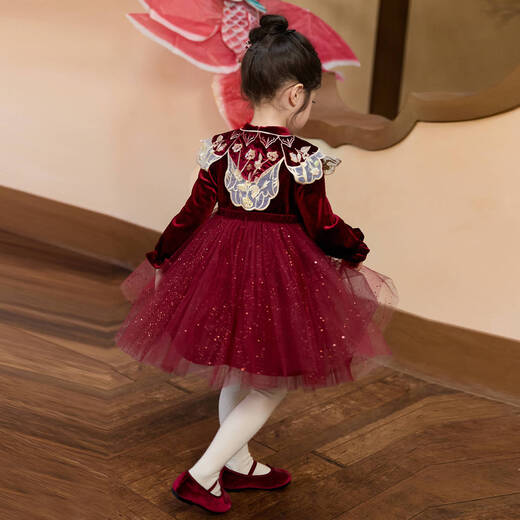 LUSON Xiao O Bao Children's Clothing Baby New Chinese Style Cloud Shoulder Dress Women New Year 2026 Girls Mesh Princess Dress New Year Clothes Dark Red Dress (Excluding Cloud Shoulder) 130