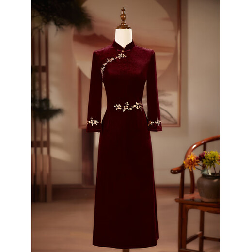 Tingxin's mother-in-law's wedding dress, new style noble and stylish dress, mother's wedding dress, burgundy M