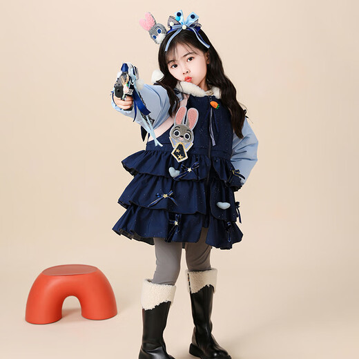 Hanzaki Judy Rabbit thickened cotton coat 2025 new winter style girl's stylish Judy Rabbit police officer cotton coat winter coat Navy blue cotton coat + big hat + rabbit pendant + fur ball quilted and velvet thickened version 130 cm The size is too large