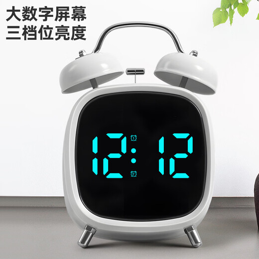 Timess alarm clock powerfully wakes up students, special wake-up artifact, LED electronic display, mechanical bell, super loud sound alarm clock, pearl white-white letters, voice-activated wake-up + 3 levels of brightness