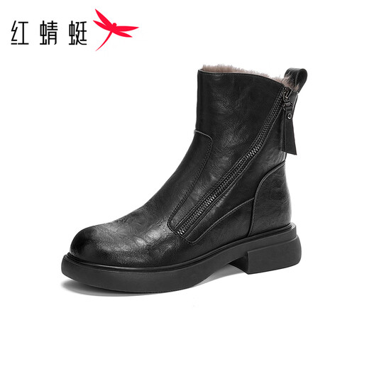 Red Dragonfly Short Boots for Women British Style Versatile Velvet Thickened Snow Boots Warm Winter 2025 New Black Velvet Heel Height 4.1cm 35 (225mm)