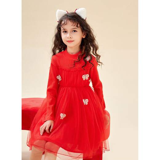 Montagut Children's Clothing Girls Autumn and Winter New Three-dimensional Bow Round Neck Children's Spliced Mesh Skirt New Year's Festive Dress Fashion