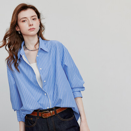 Chuyu striped splicing lace mid-length loose shirt for women 2025 autumn new casual cardigan blue and white stripes M