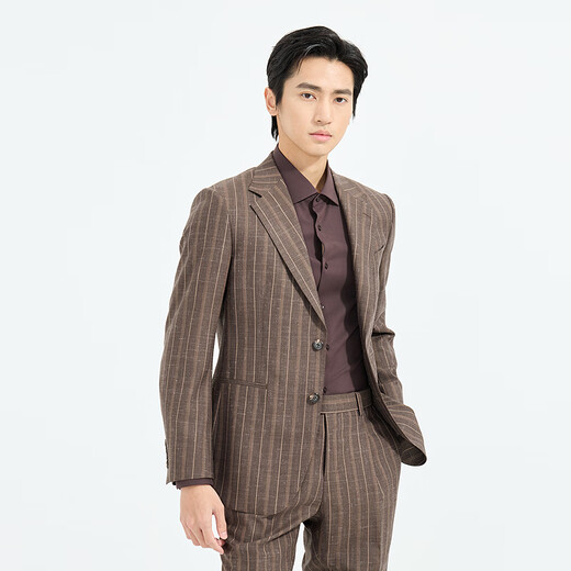 LiLang Youth Business Men's 88.6% Sheep Wool Suit Men's Two-Color Striped Easy-Care Commuting Suit Brown (1YA) 165A