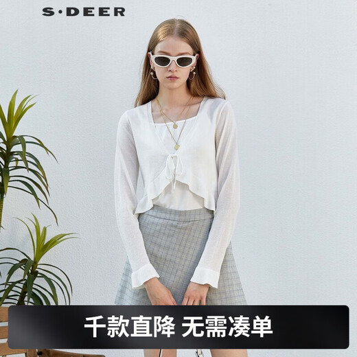 S.DEER Sommermode Damen gerippter Pilz-Cardigan mit V-Ausschnitt und Kordelzug S232Z3524 Originalweiß/9B S 160