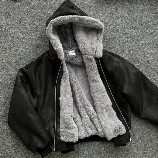 DESERTO frost cracked leather 1500G imitation mink one piece winter hooded mountain carving PU leather jacket black M