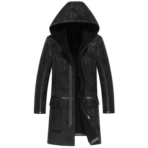 CHEVALPES international first-line brand sheep shear coat men's genuine leather coat long hooded plus fleece wool imitation fur black M 165