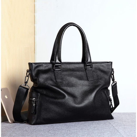 Shijanu men's bag handbag horizontal cowhide casual crossbody bag soft leather computer bag leather bag men's briefcase genuine leather business black large size genuine